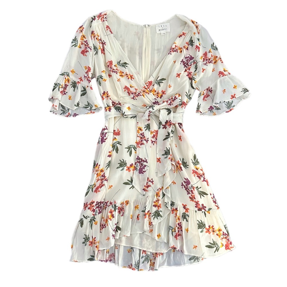Lost + Wander Regina Printed Faux-Wrap Mini Dress in Crème Multi (Size S)